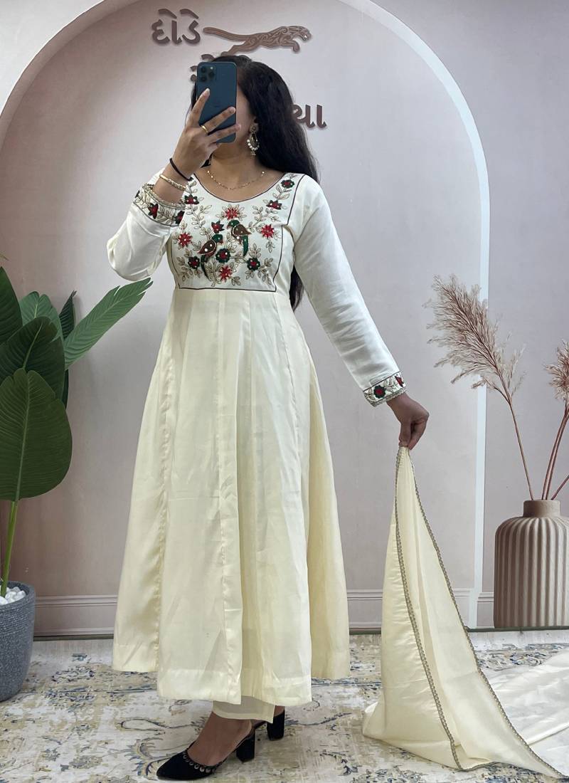Cream pure roman chanderi silk anarkali suit with dupatta
