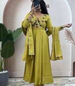 Mustard pure roman chanderi silk anarkali suit with dupatta
