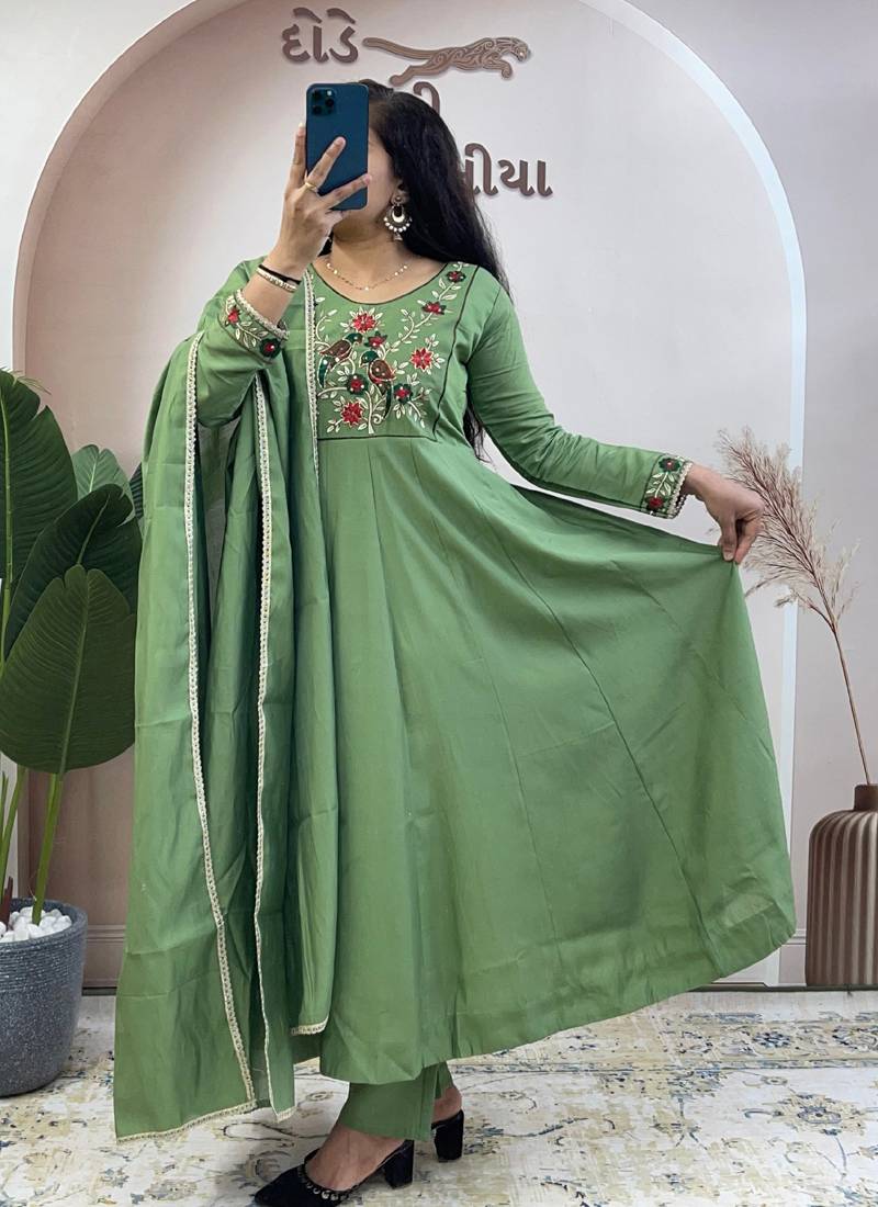 Green pure roman chanderi silk anarkali suit with dupatta