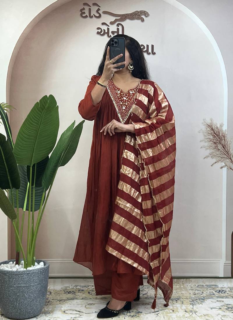 Brown pure mul chanderi anarkali suit dupatta