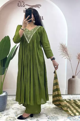 Green pure mul chanderi anarkali suit dupatta