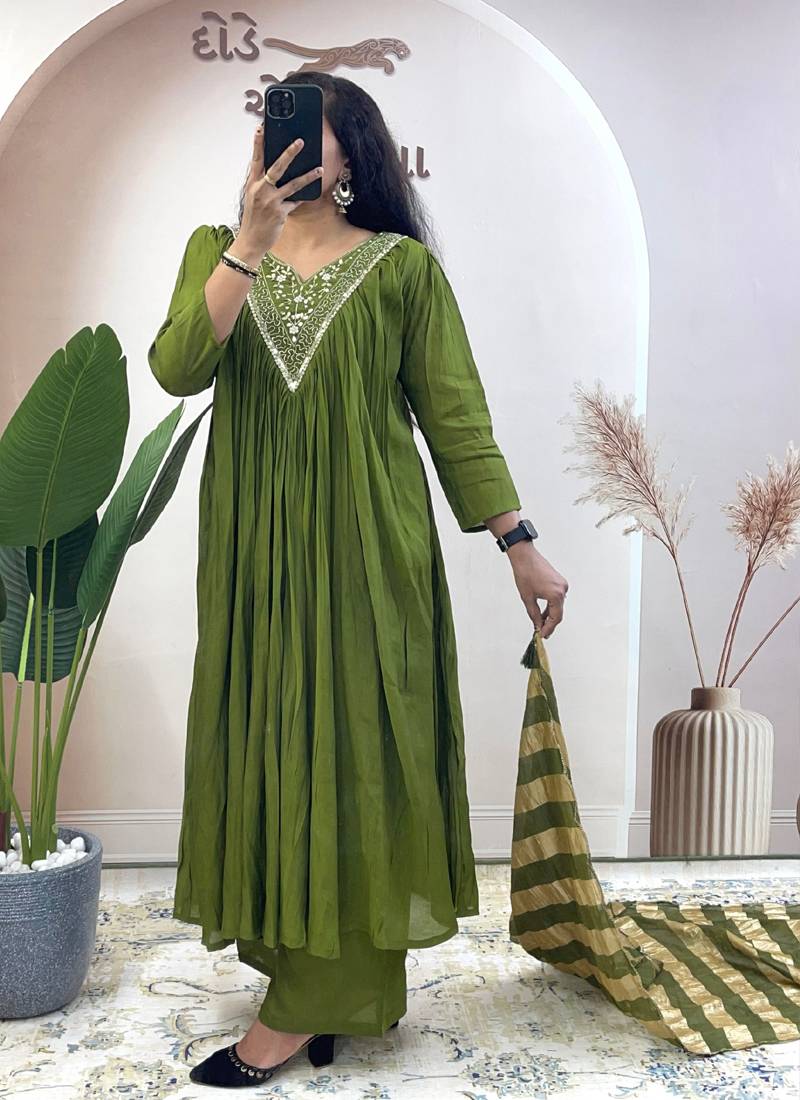 Green pure mul chanderi anarkali suit dupatta