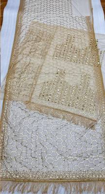 beige net saree with sequins embroidery work 2
