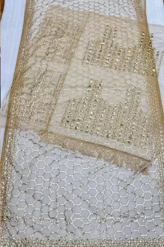 beige net saree with sequins embroidery work