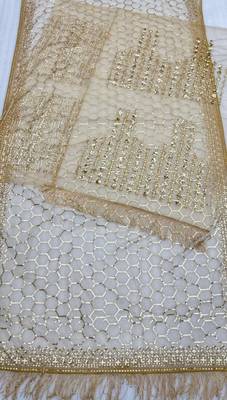 beige net saree with sequins embroidery work 3