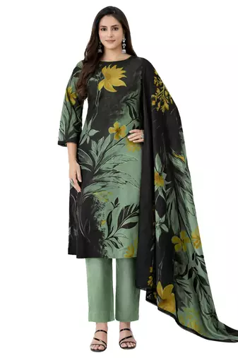 Green color crepe silk printed women unstitched dress material