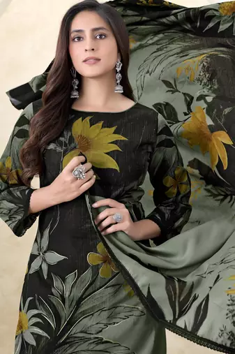 Green color crepe silk printed women unstitched dress material