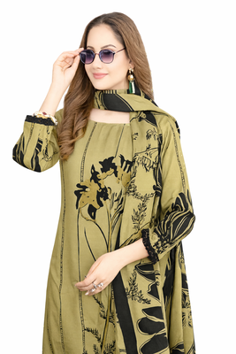 Green color crepe silk printed women unstitched dress material 3