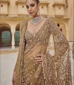 golden net saree with sequins embroidery work