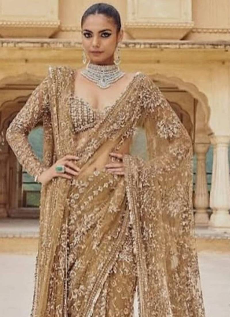 Golden color Sequins Embroidery work Mono Net Saree