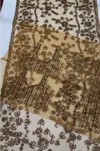 golden net saree with sequins embroidery work