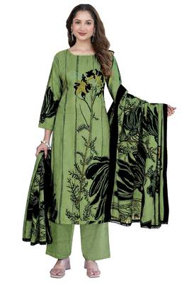 Green color crepe silk printed women unstitched dress material 2