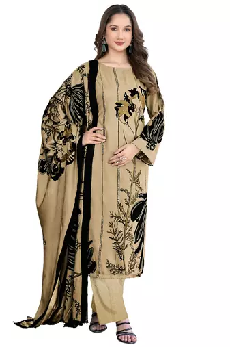 Beige color crepe silk printed women unstitched dress material