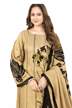 Beige color crepe silk printed women unstitched dress material 3