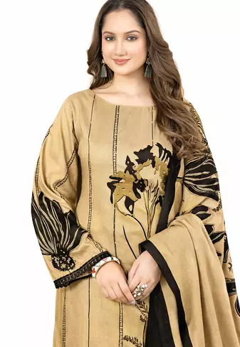 Beige color crepe silk printed women unstitched dress material