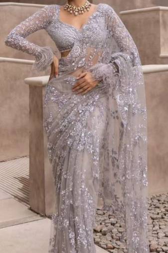 lavender net saree with sequins embroidery work
