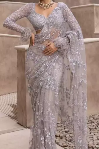 Lavender color Sequins Embroidery work Mono Net Saree