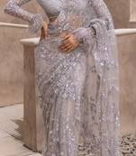 lavender net saree with sequins embroidery work