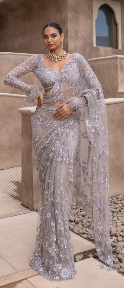 Lavender color Sequins Embroidery work Mono Net Saree