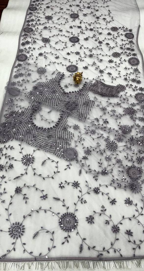 lavender net saree with sequins embroidery work