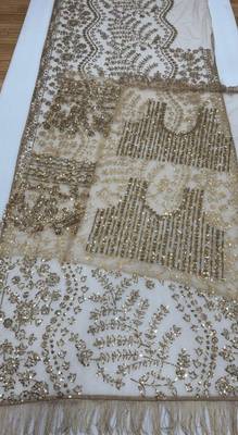 light beige net saree with sequins embroidery work 3