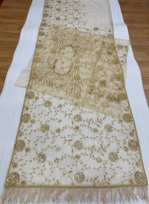 light chiku net saree with sequins embroidery work 2
