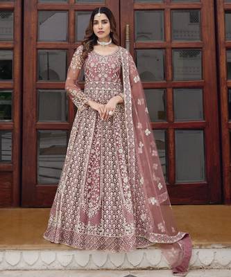 peach net anarkali gown with dori mirror work- Full Stitched free size 1