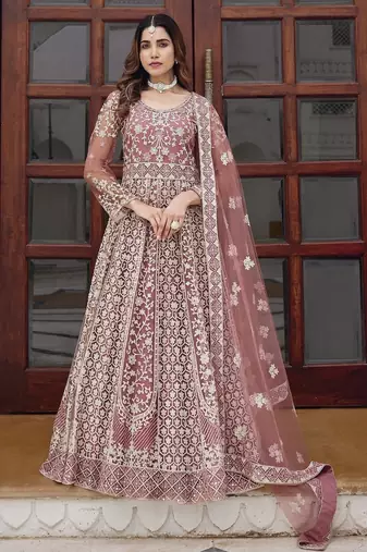 peach net anarkali gown with dori mirror work- Full Stitched free size