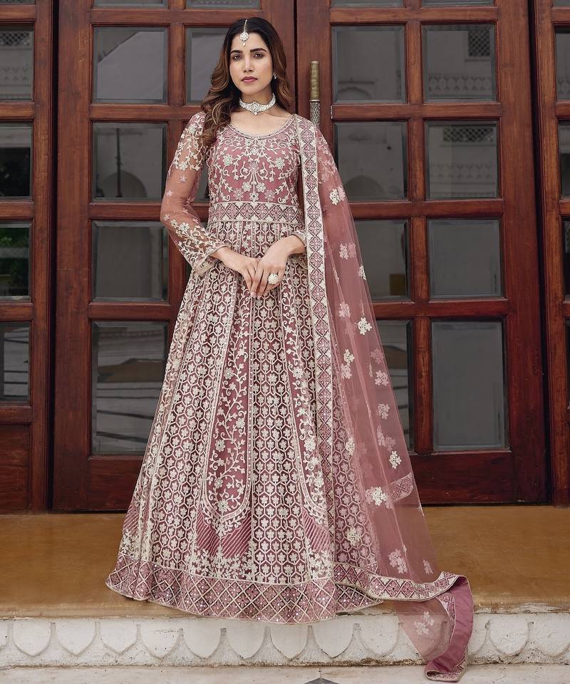 peach net anarkali gown with dori mirror work- Full Stitched free size