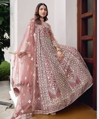 peach net anarkali gown with dori mirror work- Full Stitched free size 2