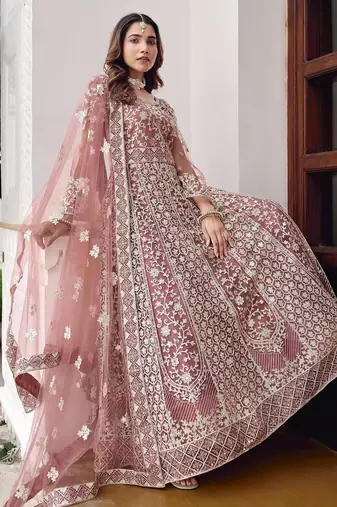 peach net anarkali gown with dori mirror work- Full Stitched free size