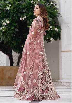 peach net anarkali gown with dori mirror work- Full Stitched free size 3