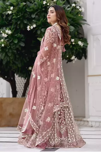 peach net anarkali gown with dori mirror work- Full Stitched free size