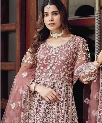 peach net anarkali gown with dori mirror work- Full Stitched free size 4