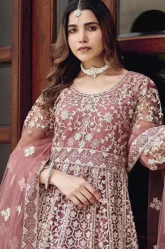 peach net anarkali gown with dori mirror work- Full Stitched free size
