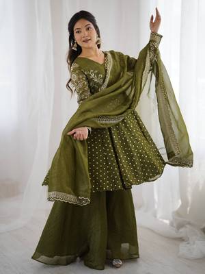 olive green designer anarkali suit 1