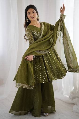 olive green designer anarkali suit