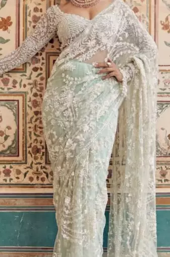 light sky blue net saree with sequins embroidery work
