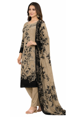 Beige color crepe silk printed women unstitched dress material 2