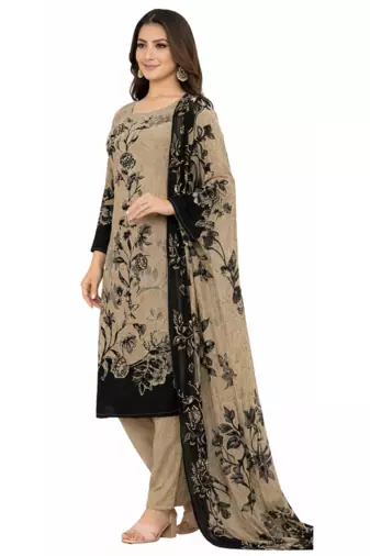 Beige color crepe silk printed women unstitched dress material