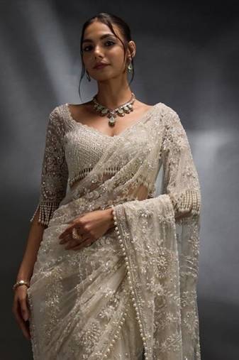off white net saree with sequins embroidery work
