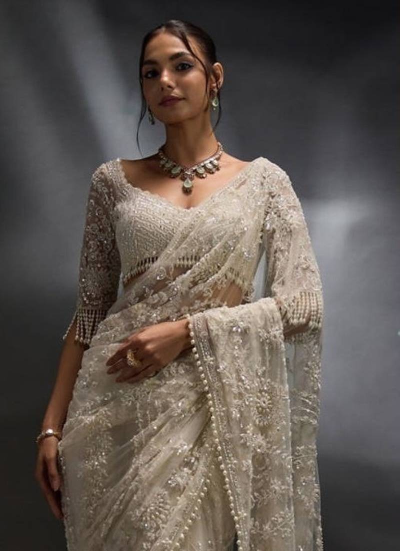 Off White color Sequins Embroidery work Mono Net Saree