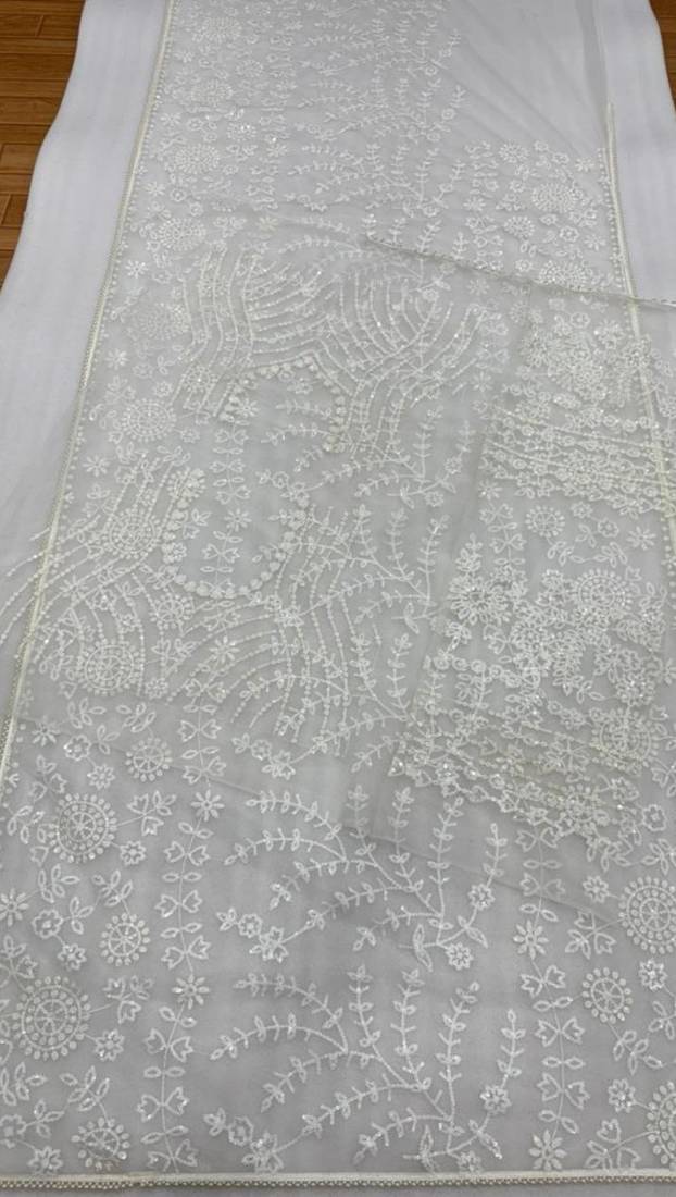 Off White color Sequins Embroidery work Mono Net Saree