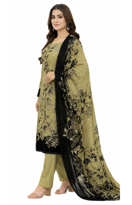 Beige color crepe silk printed women unstitched dress material 2