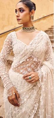 White color Sequins Embroidery work Mono Net Saree 1