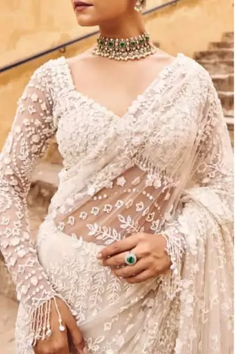 White color Sequins Embroidery work Mono Net Saree