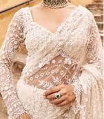 White color Sequins Embroidery work Mono Net Saree