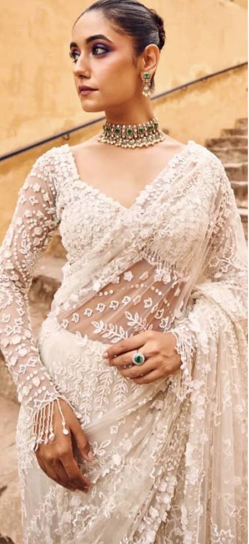 White color Sequins Embroidery work Mono Net Saree