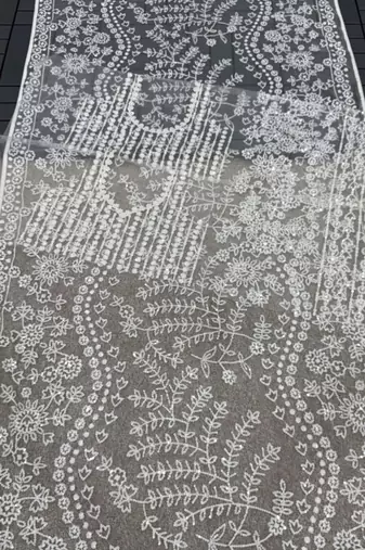 White color Sequins Embroidery work Mono Net Saree