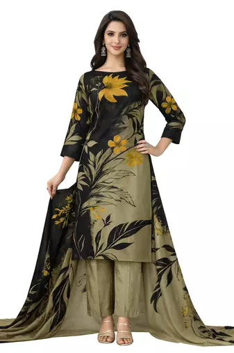 Beige color crepe silk printed women unstitched dress material